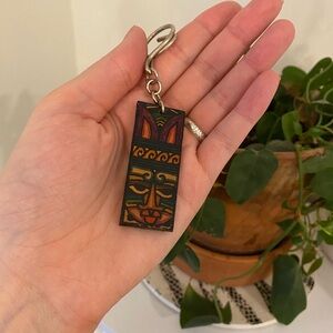 Vintage 70s Hand Carved Leather Tribal Mask Keychain | Boho Folk Art Accessory